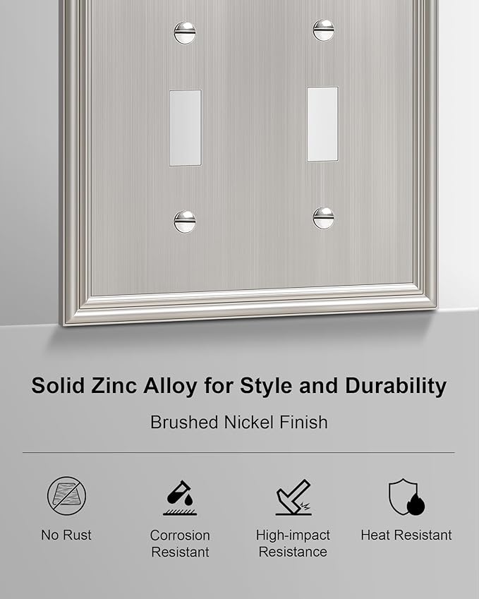 2-Pack Double Toggle Light Switch Cover Plate, Durable Solid Zinc Alloy Decorative Dual Switch Plate Covers, Brushed Nickel 2 Gang Wall Plate, Corrosion Resistant