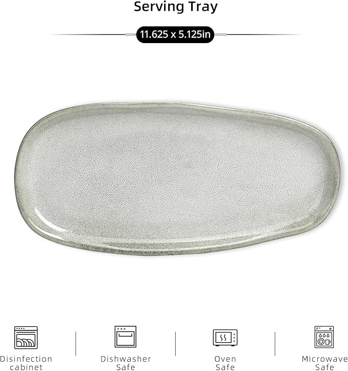 Organic Shape Highland Ceramic Serving Tray, 1pcs 11.625 * 5.125inch Handmade Reactive Glaze ceramic Tray with Wavy Edge, for Kitchen, Microwave & Dishwasher Safe, Scratch Resistant-grey