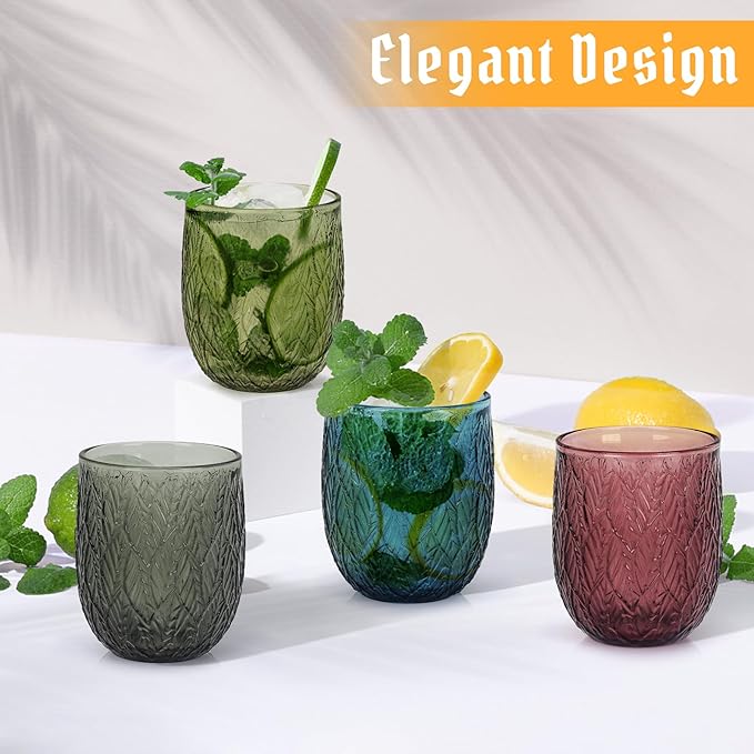 Topsky Vintage Drinking Glass Set of 4,12 oz Embossed Willow Leaf Drinkware Set,Colorful Drinking Glasses Cups Wine Glasses Colored Glassware for Whisky,Beer,Juice,Cocktail,Heavy Duty