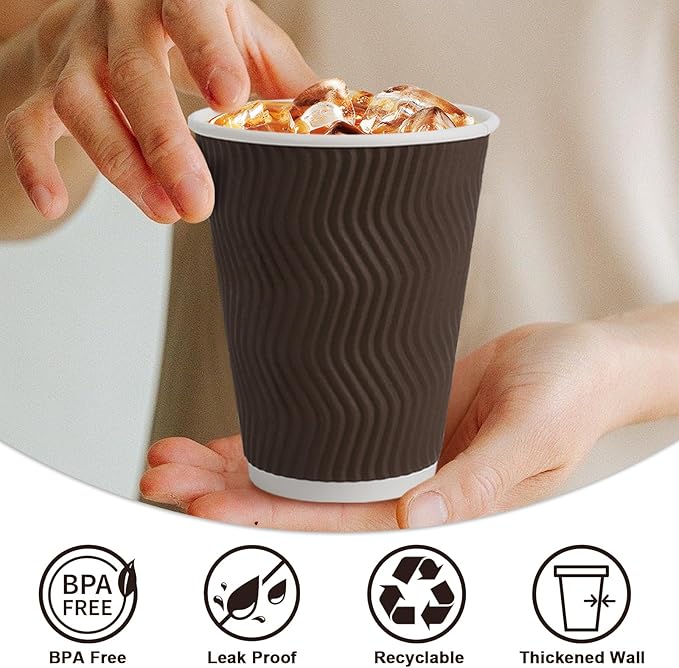 150 Pack 8 oz Coffee Cups, Disposable Corrugated Insulated Ripple Wall Paper Coffee Cups 8 OZ for Hot or Cold Drinks Office Home Cafe Party Travel (Brown)