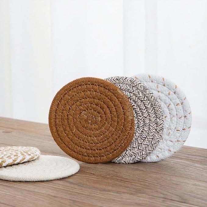 8 Pcs Drink Coasters with Holder, Handwoven Cotton Coasters Set Stackable Absorbent Minimalist Home Decor for Table, Cup, Mug (Dark Brown)