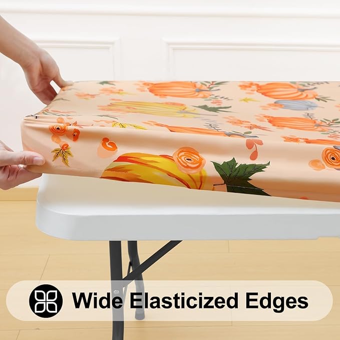 Smiry Plastic Thanksgiving Tablecloth, Pumpkin Wipeable Flannel Backed Vinyl Tablecloths for 6 Foot Tables, Waterproof Elastic Fitted Table Covers for Autumn Harvest, Parties (Orange, 30x72 Inches)