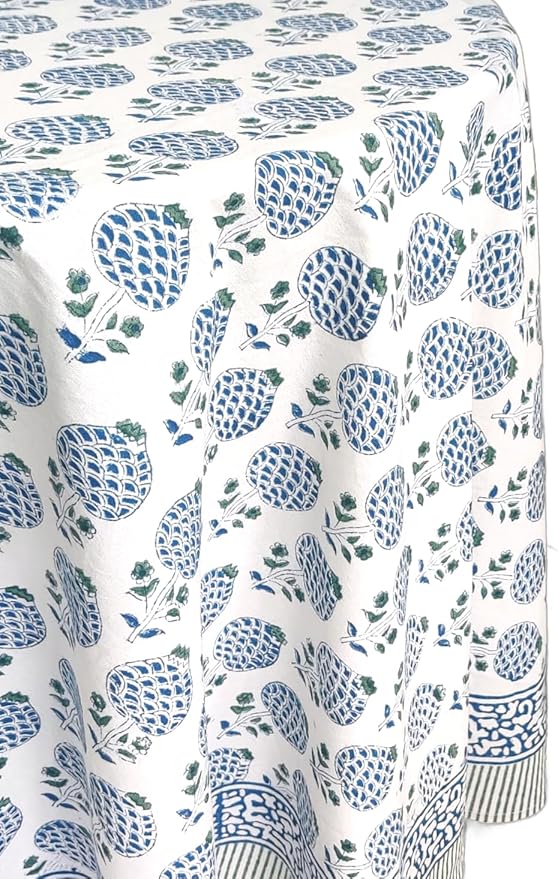 ATOSII Roma Blue 100% Cotton Boho Round Fall Tablecloth, Handblock Floral Print Table Cloth Linen for Kitchen Dining I Parties, Outdoors, Weddings, Christmas, Thanksgiving Decor 72" Inches Diameter