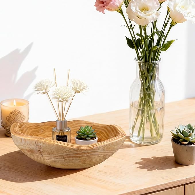 Handmade Wood Fruit Bowl for Kitchen Counter - 10-12in Irregular Wooden Decorative Bowl,Wooden Serving Bowl for Salads Snacks Keys Home Decor (10-12in/25-29cm)