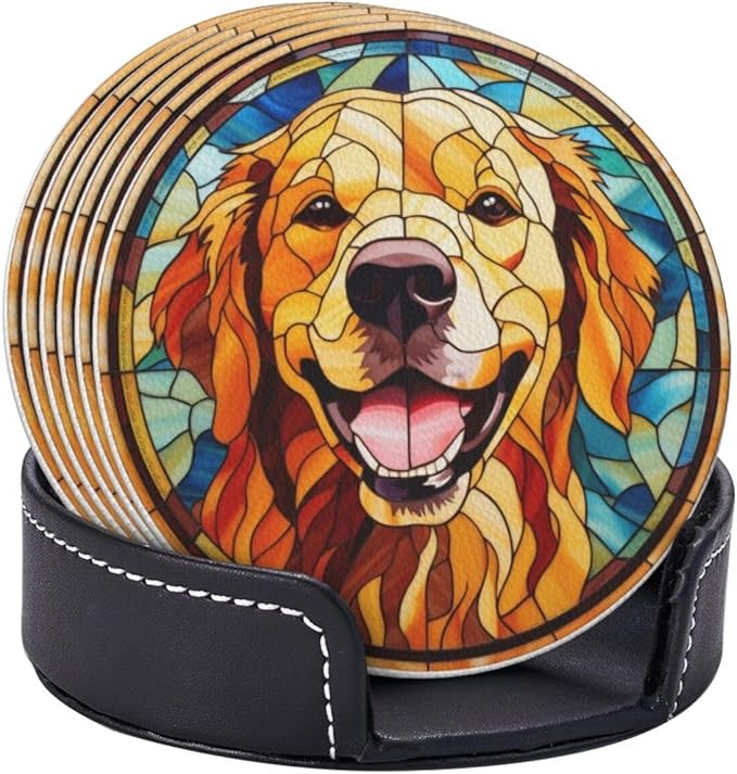 Drink Coaster Set of 6, Golden Retriever Dog Mom Lover Gift,Leather Drink Coasters with Holder,6 Pack Cup/Bar/Drink Coasters for Table/Drinks/Coffee Protection Housewarming Gift