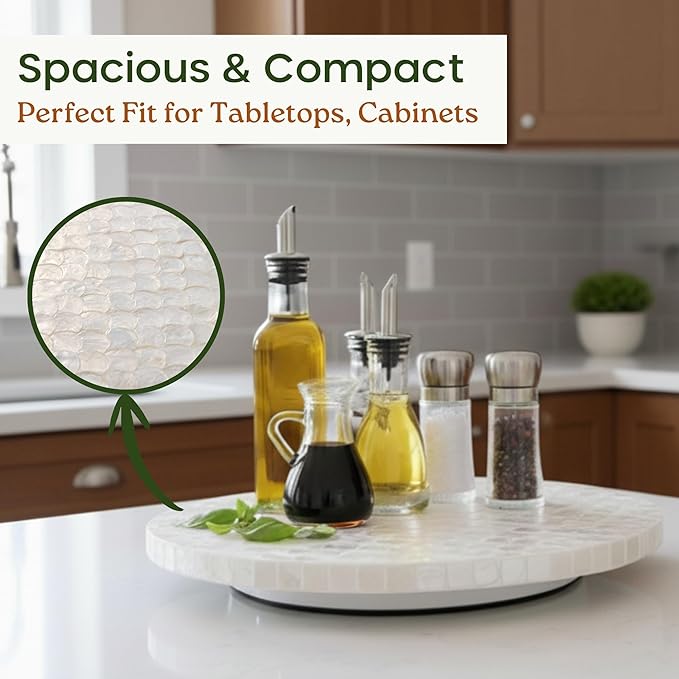 12 Inch Capiz Lazy Susan, Decorative Lazy Susan Turntable Centerpiece for Dining Table, Kitchen Counter, Round Mother of Pearl Capiz Shell Spinning Tray for Countertop & Tabletop (White)