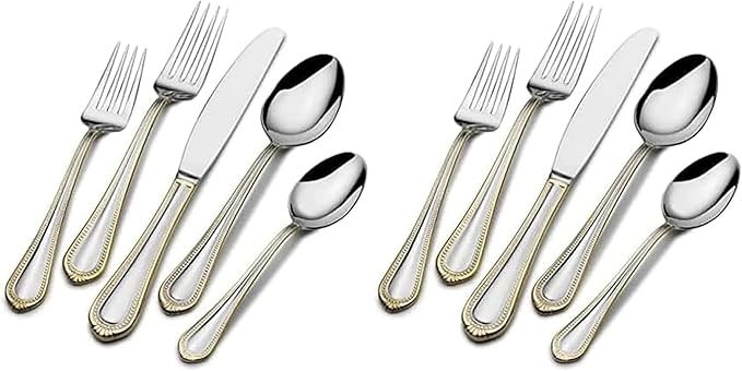 Mikasa, Gold Accent Regent Bead Flatware Service for 12, 65 Piece Set, 18/10 Stainless Steel, Silverware Set with Serving Utensils (Pack of 2)