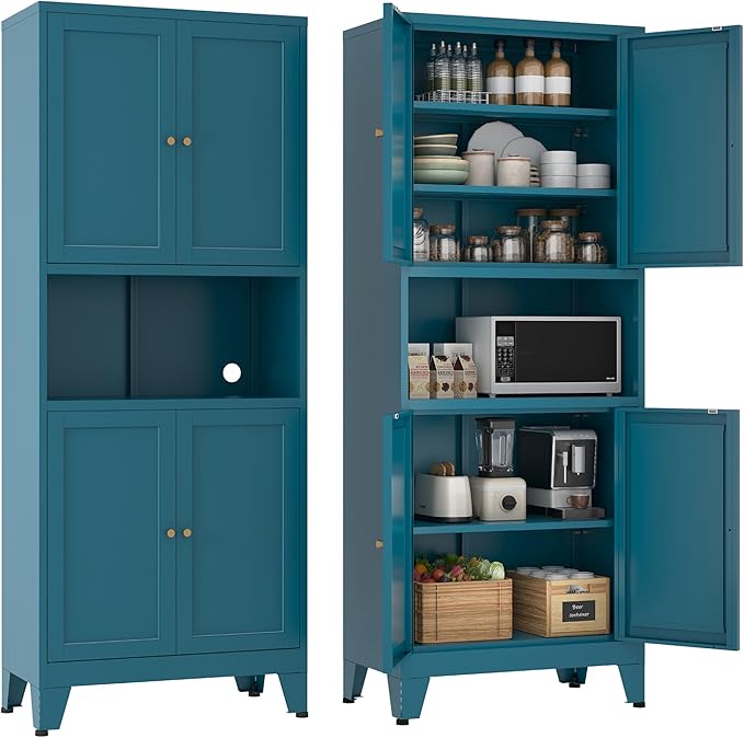 Metal Pantry Storage Cabinet, 69" Tall Storoge Cabinet with 4 Doors & 3 Adjustable Shelves, Microwave Stand with Storage for Kitchen, Dining Room, Living Room (1PC,Blue)