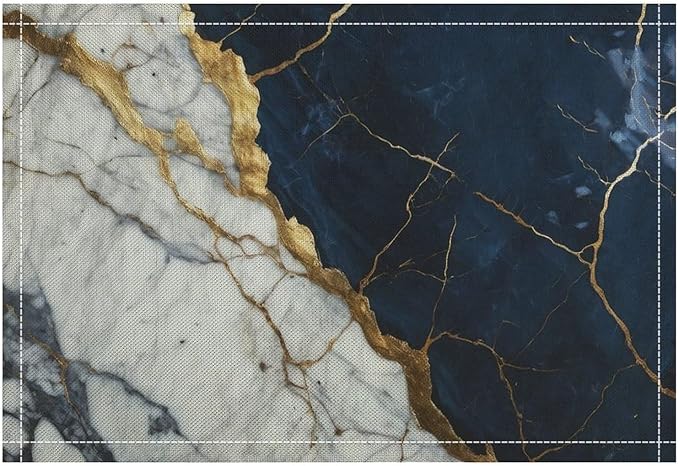 Marble Linen Place Mats Set of 2, 12x17 Inch Modern Abstract Foil Texture White Navy Blue Gold Marble Washable Fabric Non-Slip Placemats for Home Dining Table Banquets Party Kitchen Decoration