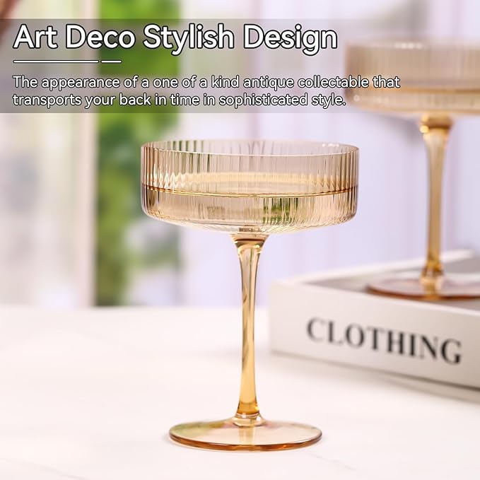 Amber martini glasses Vintage Art Deco Amber Coupe Glasses Set of 6 Ribbed Martini Cocktail Glasses 9 oz|Vintage Cocktail Glasses Set,Unique Pink Coupe Glass, Classic Cocktail Galssware