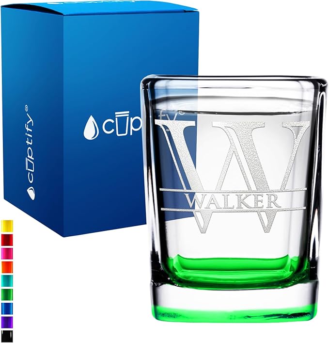 Personalized Square Shot Glasses Green Bottom 2oz Engraved Initial and Name Custom Gifts, Weddings, Birthdays, Party, Event, Decorations