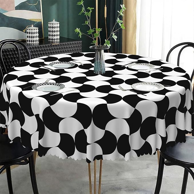 Laeacco 36 Inch Geometric Round Tablecloth Black and White Abstract Pattern Modern Art Print Table Cloth Washable Waterproof Wrinkle Free Table Cover for Kitchen Dining Picnic Party Decoration