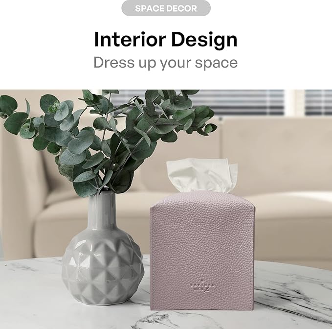 Carrotez Tissue Box Cover, [Refined] Modern PU Leather Square Tissue Box Holder - Decorative Holder/Organizer for Bathroom Vanity Countertop, Night Stands, Office Desk & Car 5"X5"X5" - Lavender