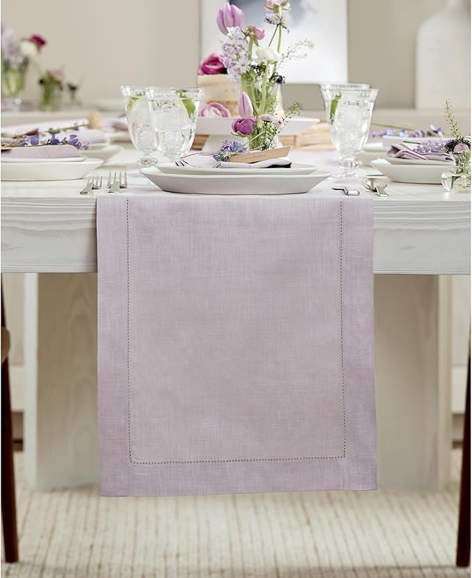 Solino Home Linen Table Runner 48 Inches - 100% Pure Linen Lilac Hemstitch Table Runner 14 x 48 Inch Ideal for Dresser and Coffee Tables, Valentines, Spring, Easter - Classic Hemstitch