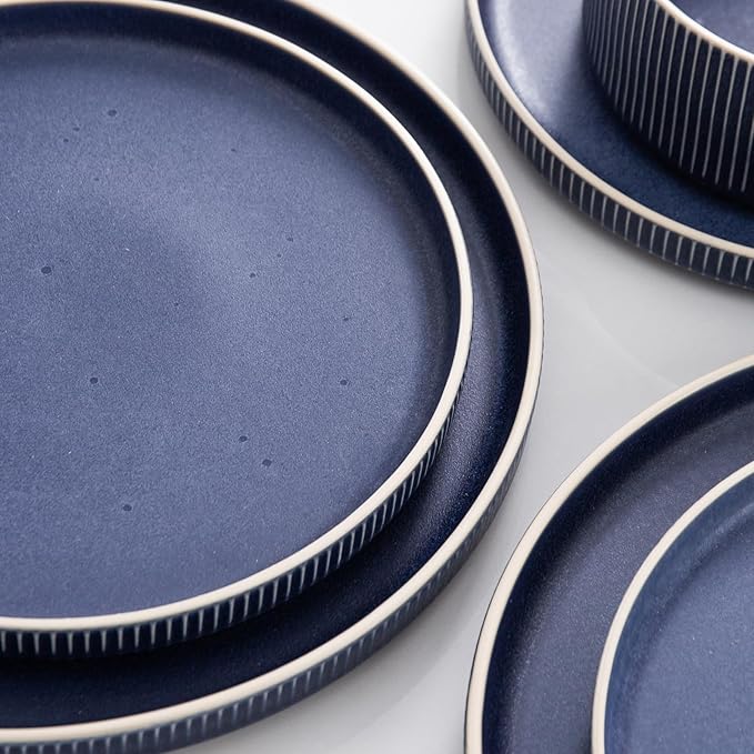 Dinnerware Set Service for 4, 12-Piece Ceramic Plates and Bowls Set, Chip & Scratch Resistant, Microwave and Dishwasher Safe, Modern Minimalist Tableware for Everyday Use, Matte Blue