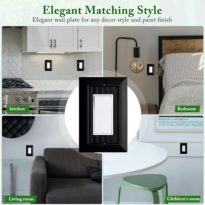 Beadboard Outlet Covers Wall Plates, Bamboo Fiber Light Switch Covers, Natural Material Electric Receptacle Decorative Switch Plate Outlet Cover Matte Black (1 Gang Decorator 4 Pack)
