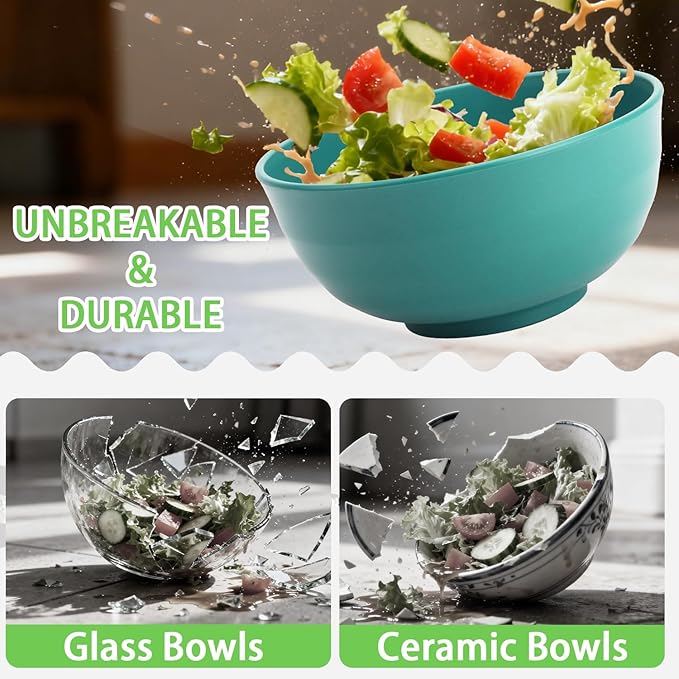 60 OZ Large Salad Bowls, Wheat Straw Camping Bowl Set of 6, Unbreakable Plastic Serving Bowls, Microwave & Dishwasher Safe Large Dinner Bowl for Kitchen & Outdoor, Green