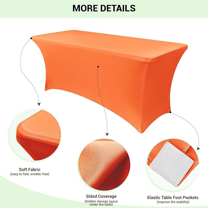 Obstal 6 Pack Stretch Spandex Table Covers for 6 Foot Tables - 6 FT Universal Rectangular Fitted Tablecloth Protector for Wedding, Banquet, Party, 72 Length x 30 Width x 30 Height Inches, Orange