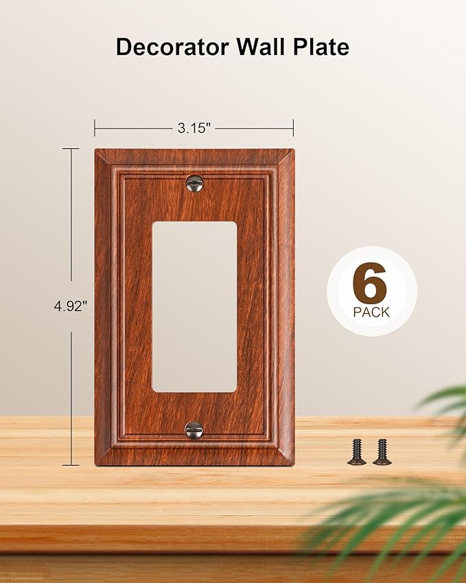 6-Pack Decorator Outlet Cover Plate, Wood Grain Decorative Switch Plates and Outlet Covers, Durable Natural Bamboo Fiber Wall Plates for Electrical Outlets, Receptacle, GFCI Outlet, Dimmer Switch