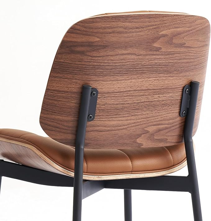 Mid Century Modern Dining Chairs with Walnut Grain Back, Brown Faux Leather Dining Room Chairs Set of 4, Checkered Soft Cushion Kitchen Chairs with Adjustable Foot Pads