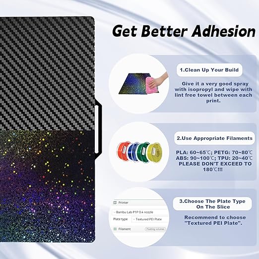 Flexible Rainbow Starry PEY+Carbon Fiber PET Spring Steel Plate for Bambu Lab X1 X1C X1E P1P P1S P2S A1, Double Sided Textured PEY PET Build Plate 257x257mm for Bambu 3D Printers