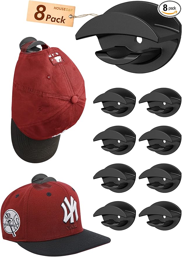 HOUSE DAY Adhesive Hat Hooks for Wall 8 Pack, Strong Hat Rack for Baseball Cap Display Organizer, Hats Holder for Wall, Door, Closet, No Drilling, Black