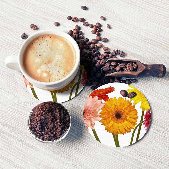 Beautiful Flower Art Anti Slip Coasters Sunflower Bouquet Spring Bloom Cups Place Mats for Table Home Decor 4 Inches Living Room Kitchen Coffee Table,2 Pcs