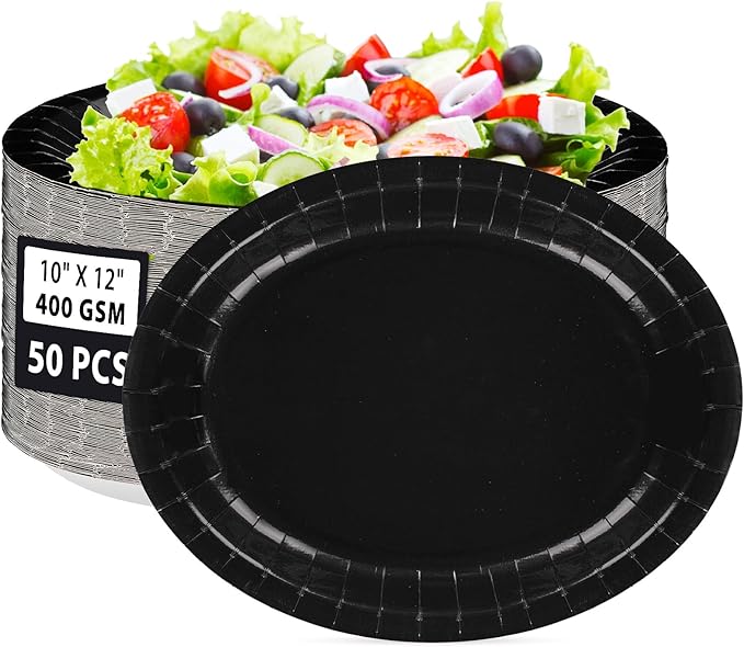 50Pcs Black Oval Paper Plates Decorations 10" x 12" Large Heavy Duty Disposable Black Paper Platters Birthday Party Decorations for BBQ Easter New Year Holiday Lunch Dinner Party Supplies Table Deco