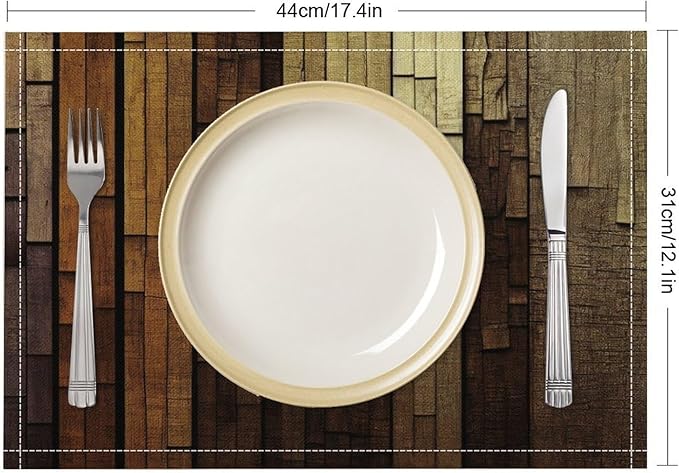 Retro Plank Placemat Set, Rural Old Shabby Brown Beige Farmhouse Barn Wooden Board Pattern Home Decor Linen Table Mats for Dining Room Kitchen Party (17x12in) x4P