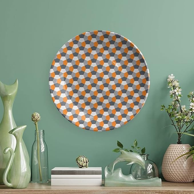 Ceramic Display Plate, Abstract Ceramic Hanging Decorative Plate, Modern Style Mosaic Tile with Hexagonal Shapes, 7 Inch, Living Room Kitchen Decoration Household, Grey Charcoal Grey Orange