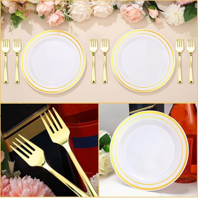 Eccliy 400 Pieces Plastic Cake Plates with Dessert Forks, 7.5 Inch Disposable Plastic Plates Appetizer Plates Salad Plates Party Plates Heavy Duty for Wedding Reception Parties Holidays (Gold)