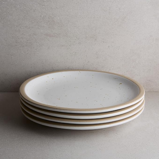 Goodies White & Brown Rimmed Dinner Plates (Set of 4), Handmade Ceramic, Glazed, Dishwasher Safe, Microwave Safe, Durable, Easy-to-Clean, Stackable, 11 Inch