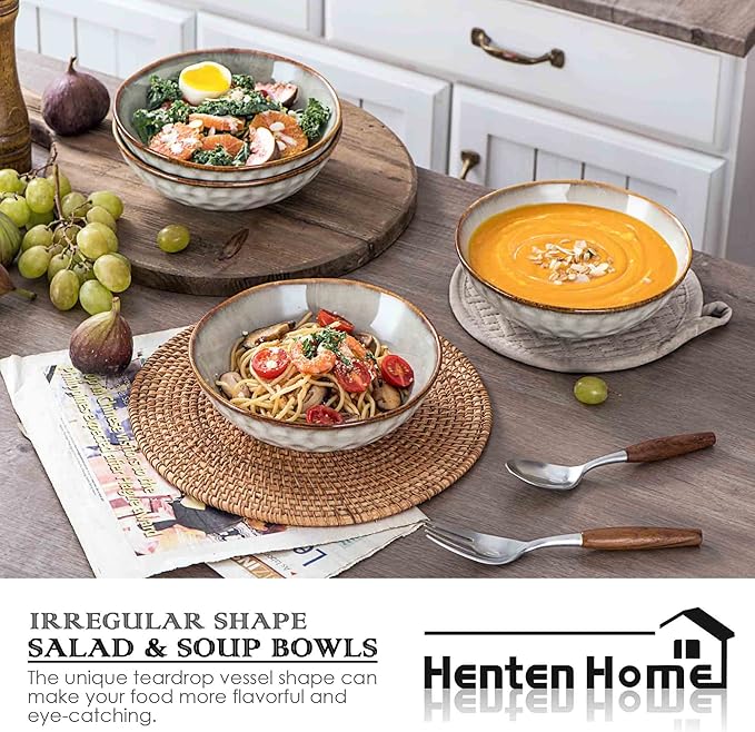 Henten Home Ceramic Soup Bowl Set, 25 oz Cereal Bowls Set of 4, Porcelain Salad Bowls Set, Stoneware Serving Bowls for Kitchen, Microwave& Dishwasher Safe, Reactive Glaze (White)