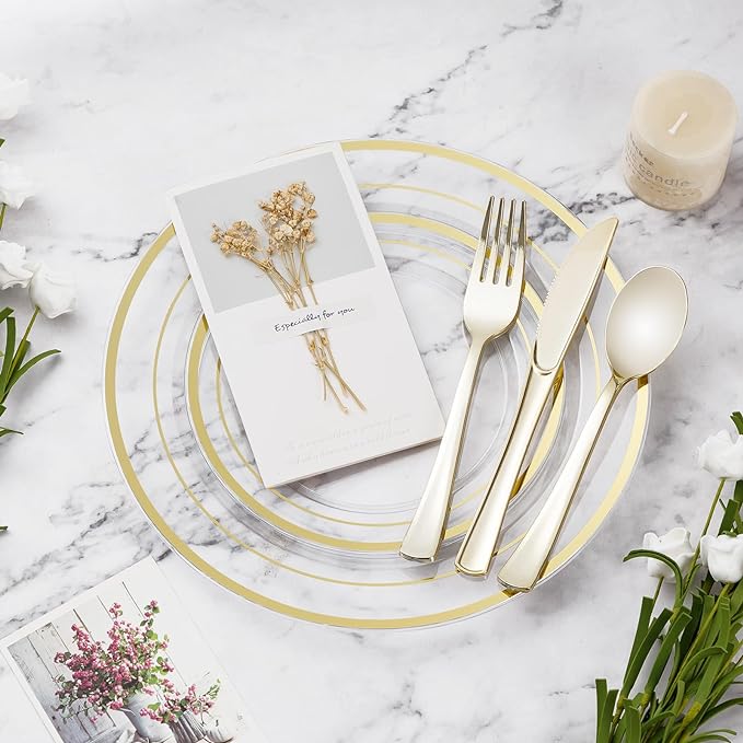 BESTVIP 300PCS Clear Gold Plastic Plate Set (50 Guests), Disposable Dinnerware Set for Party, Wedding, Birthday - 100 Plates, 100 Forks, 50 Spoons, 50 Knives for Christmas