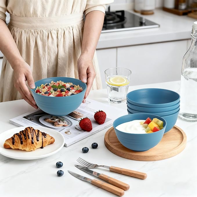 26 OZ Wheat Straw Bowls Set of 6, Reusable Plastic Kitchen Bowls, Unbreakable Bowls Set for Cereal, Salad, Snack, Soup, Ideal for Indoor & Outdoor, Microwave & Dishwasher Safe, Blue