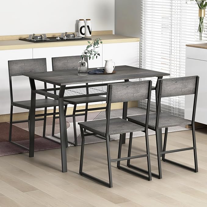 Giantex Dining Table Set for 4, 47”L x 28”W Rectangular Kitchen Table w/ 4 Trapezoid Chairs, Reinforced Metal Frame & Storage Rack, Industrial Space-Saving Dinette Set for Kitchen Dining Room (Grey)