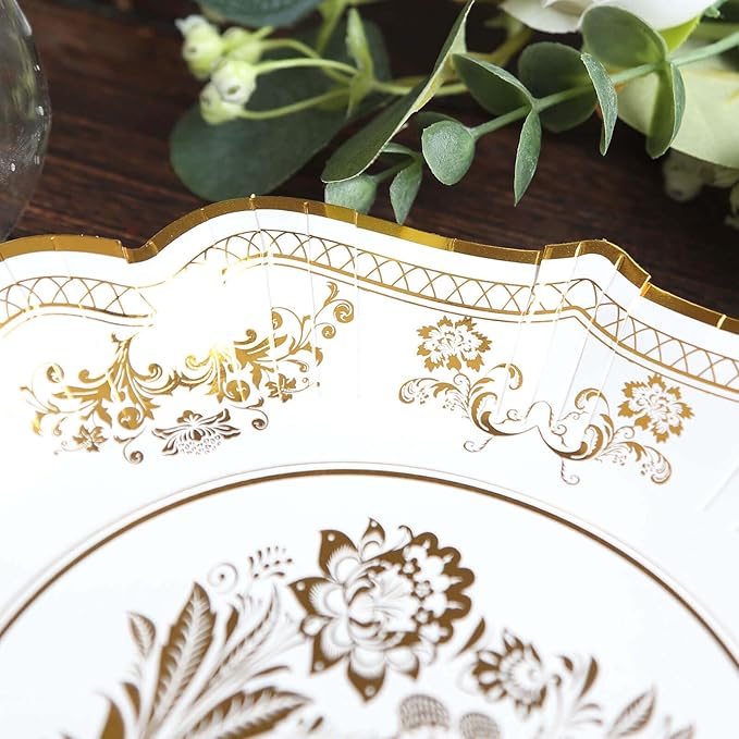 50 Pack 8" White Gold French Toile Dessert Plates, Disposable Round Paper Floral Pattern Appetizer Salad Plates 300 GSM for Party Decoration