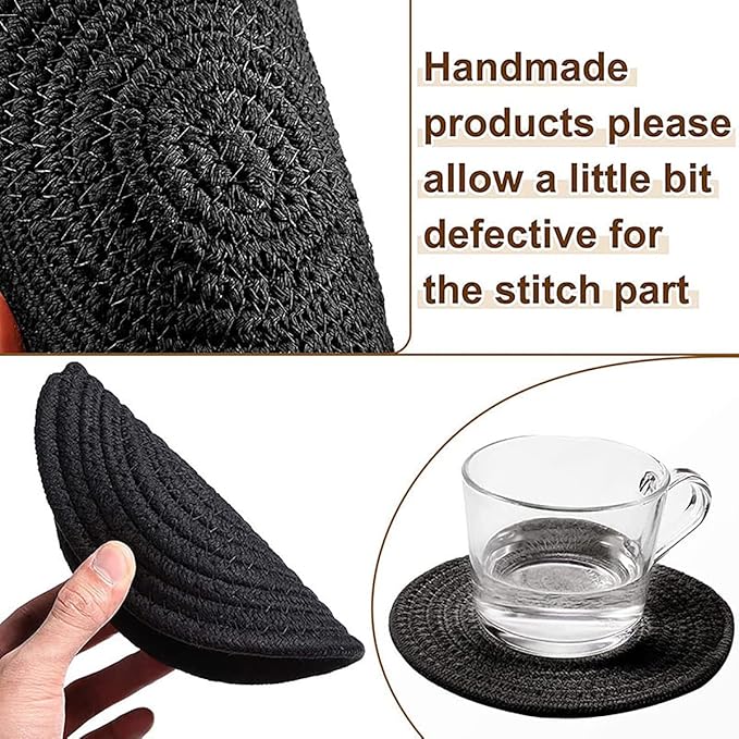 4 Pack Round Woven Placemats,13.8 inch Plate Chargers Black Thick Place Mats Cotton Rope Braided Tablemats Rattan Tablemats Black Weave Placemats for Dining Table
