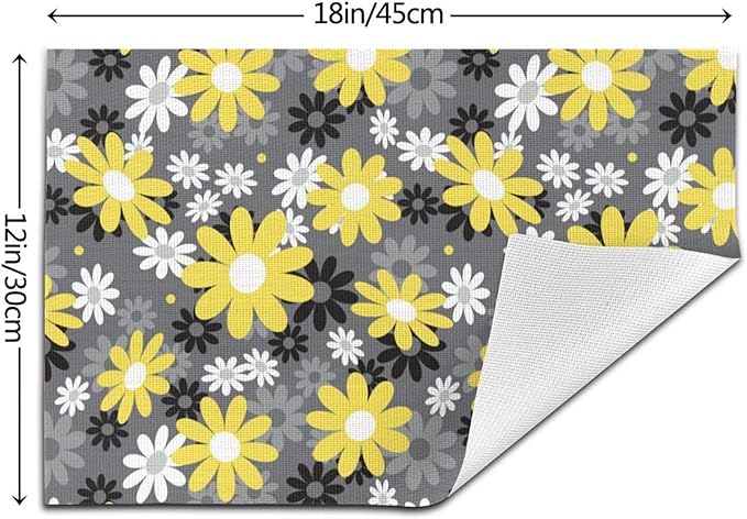 Placemats Set of 4 Vintage Daisy Place Mats Abstract White Yellow Floral Woven Table Mats Washable Black Grey PVC Placemat for Dining Kitchen Decor Indoor Outdoor, 12 x 18 Inch