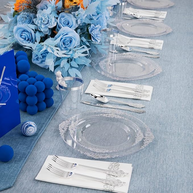 FLOWERCAT 175PCS Clear Silver Plastic Plates -Include 50 Plates, 25 Cups, 25 Forks, 25 Knives, 25 Spoons, 25Napkins for Wedding & Party&New Year