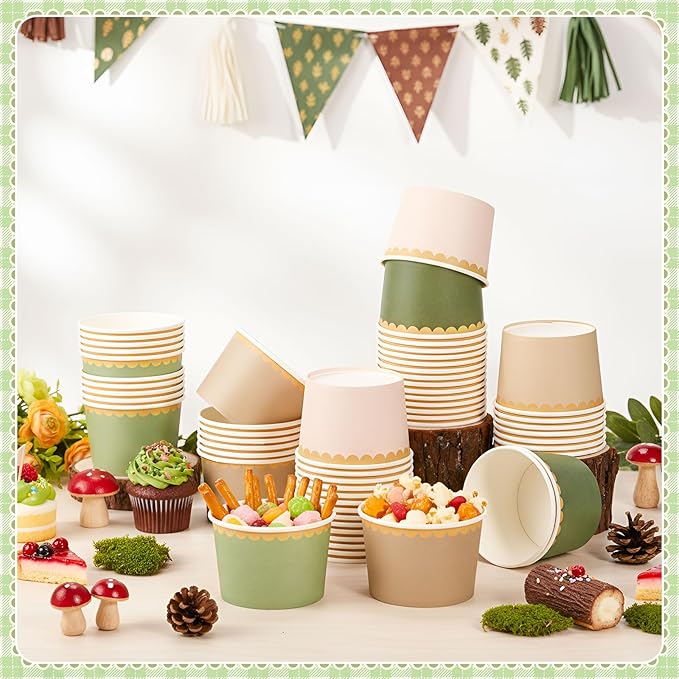 Zopeal 96 Pcs Sage Green Disposable Ice Cream Bowls 9oz Green Gradient Color Paper Snack Cups with Gold Scallop for Parties, Weddings, Baby Showers, Desserts, Yogurt, and Salads