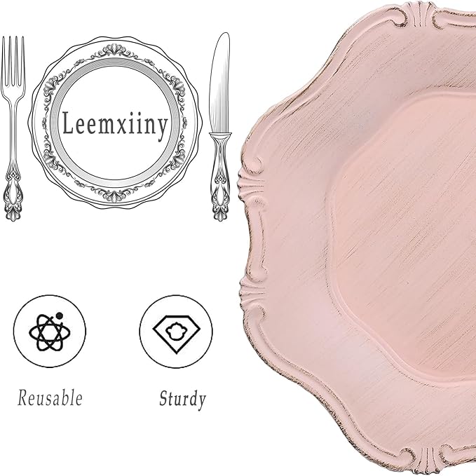 Pink Charger Plates Set of 6, Decorative Table Plastic Chargers for Dinner Plates, Party, Wedding, Thanksgiving, Christmas, 22P