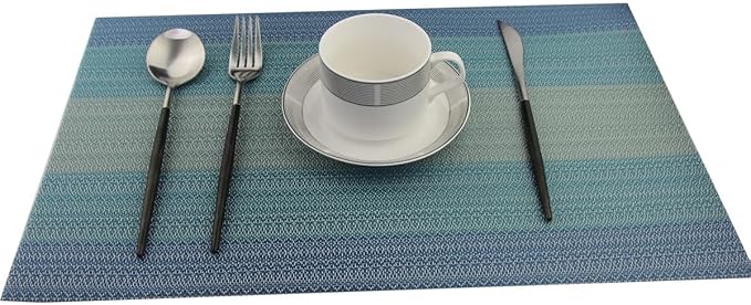 Placemats Washable Easy to Clean PVC Placemat for Kitchen Table Heat-resistand Woven Vinyl Hard Table Mats 12x18 inches Set of 6 （Blue）