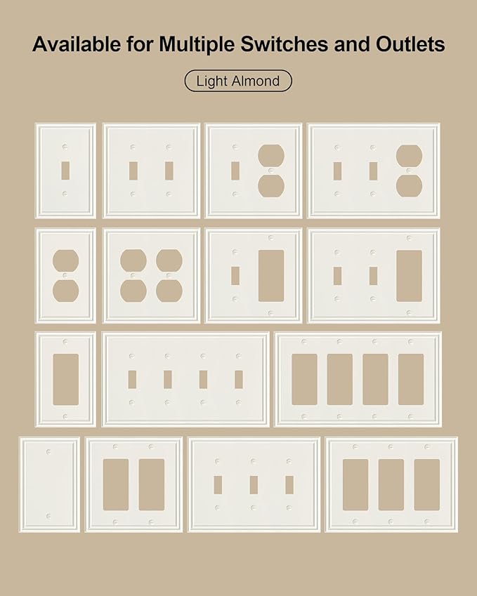 6-Pack Decorator Outlet Cover Plate, Light Almond Decorative Switch Plates and Outlet Covers, Durable Zinc Alloy Wall Plates for Electrical Outlets, Receptacle, GFCI Outlet, Dimmer Switch