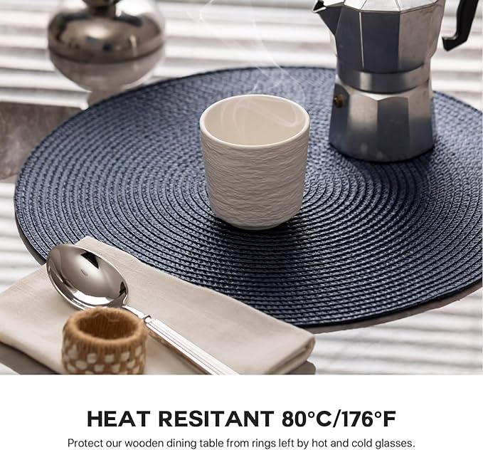 Round Placemats Set of 6 Plastic Woven Placemats Washable Wipeable Table Mats for Dining Table Heat Resistant Non-Slip Circle Place Mats (Navy Blue)