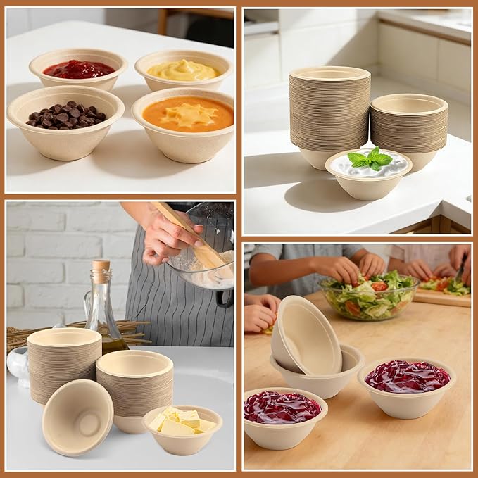 LeonBach 100 Pack 6oz Natural Bagasse Fiber Bowls, Small Disposable Paper Bowls Microwavable Safe Sample Snack Cups Charcuterie Serving Cups for Sauce Portion Condiment Ice Cream Desserts