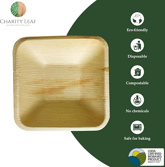 Charity Leaf Disposable Palm Leaf 6" Square Bowl (1000 pcs) Dipping Bowls | Bamboo Like| All Natural and Biodegradable | Charcuterie Boards, BBQs, and Parties