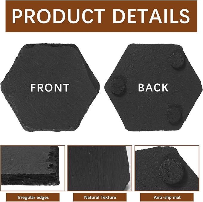 48PCS Slate Coasters for Laser Engraving, 4inch Black Beverage Coasters for Hand Painting, Non-Slip Bottom Mat, Home Office Kitchen Gift Wedding Bar Party Hexagon