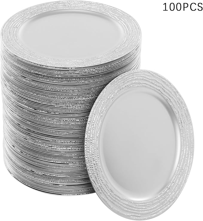 100 PCS Antique Charger Plates Bulk, 13 Inch Round Textured Edge Plastic Dinner Chargers, Bulk Plastic Charger Plates Set for Wedding, Party, Table Decor (Silver)