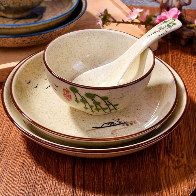 4-Piece Ceramic Dinnerware Set, Plate, Dish, Bowl, Spoon, Japanese Hand-painted Tableware set, A Good Tableware